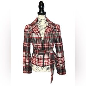 The Limited Red and Black Plaid Wool Blend Belted Zip Up Blazer Jacket - Small